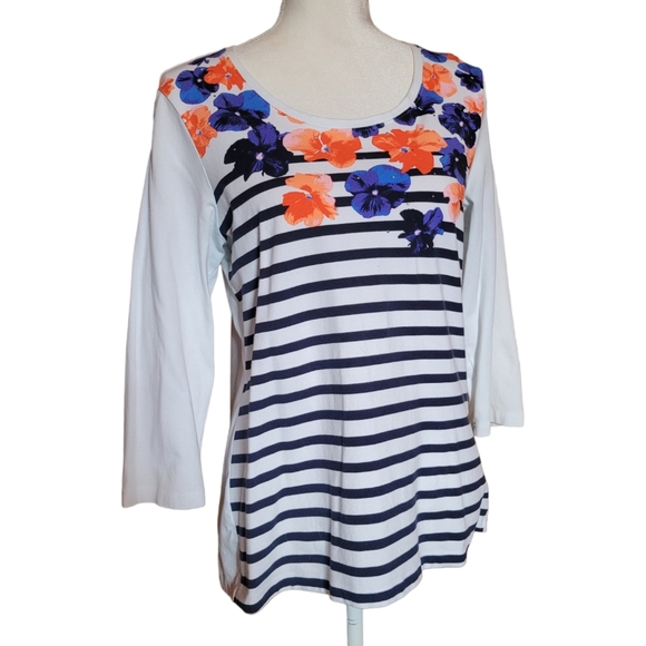 Christopher and Banks Women's Floral Striped Top 3/4 Sleeves Sz M - Picture 1 of 7